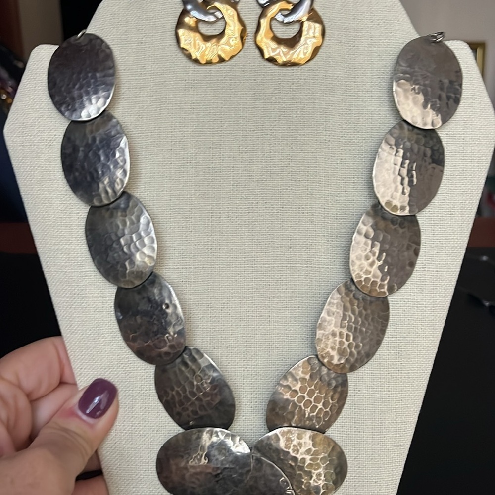 STATEMENT Hammered Metal Necklace and Earrings set